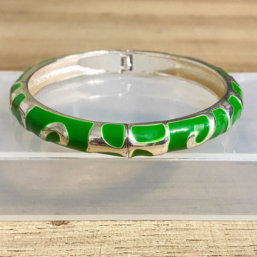 Silver Tone Bangle Green Enameled Hinged Bracelet Clamper Unique Retro Jewelry